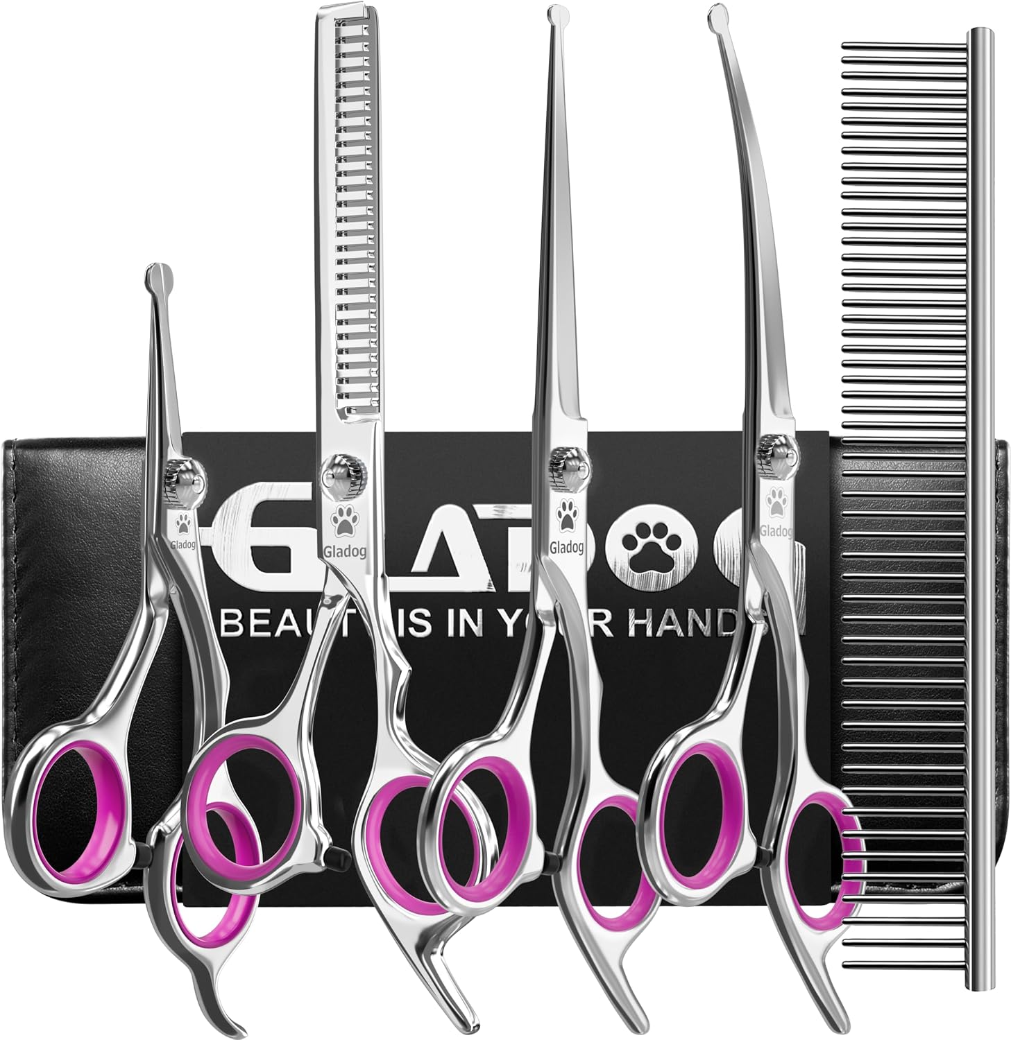 Ergonomic handle detail of GLADOG dog shears featuring comfort finger rings and silent rubber bumper