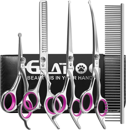 Ergonomic handle detail of GLADOG dog shears featuring comfort finger rings and silent rubber bumper