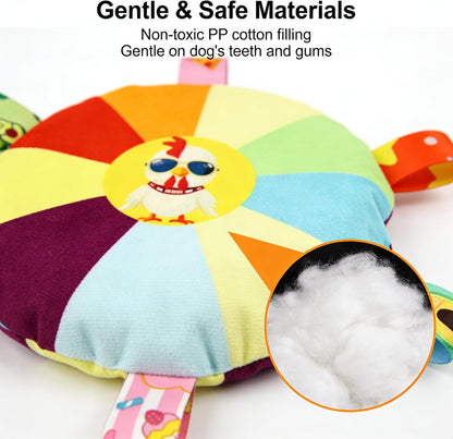 Close up of vibrant rainbow fabric on Bulkee dog toy