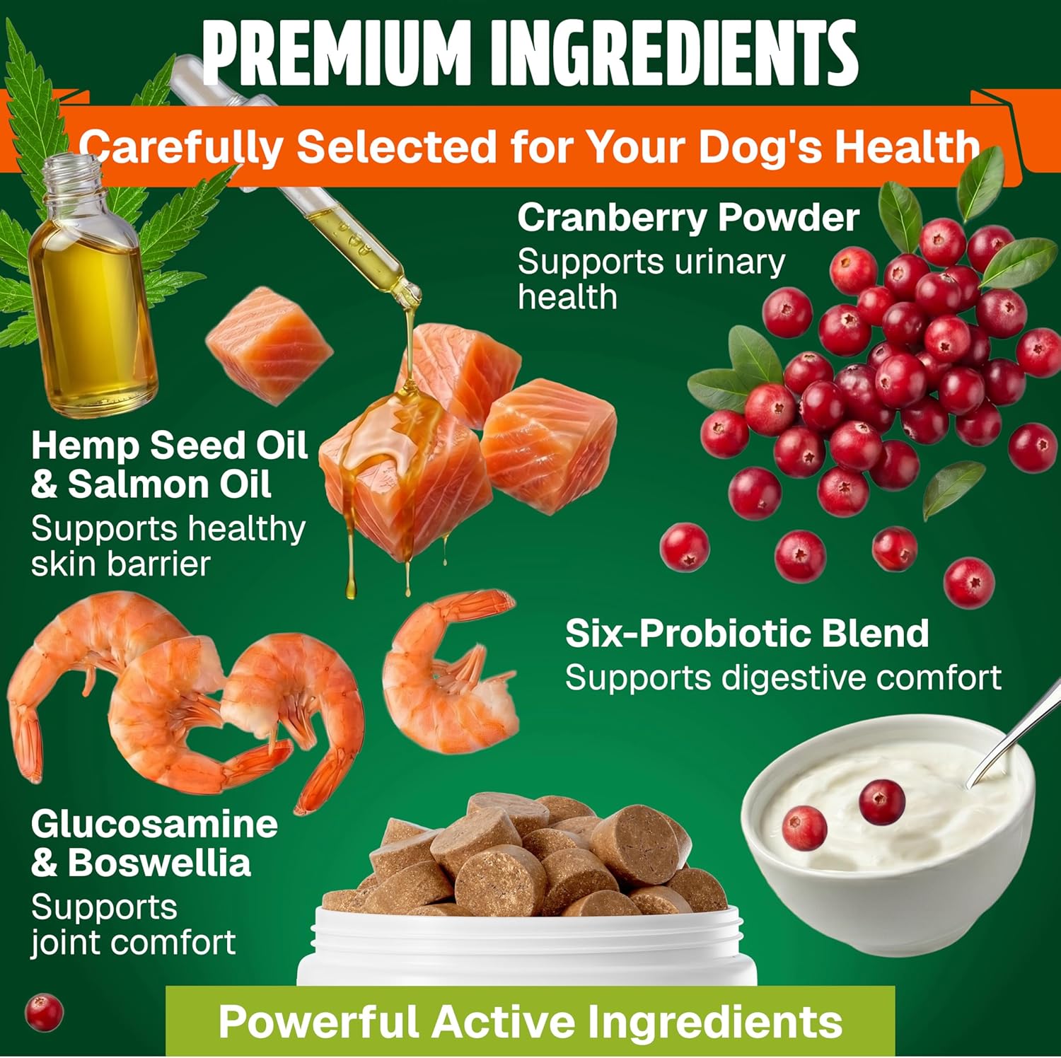 Premium USA imported dog multivitamin chews with glucosamine for hip health