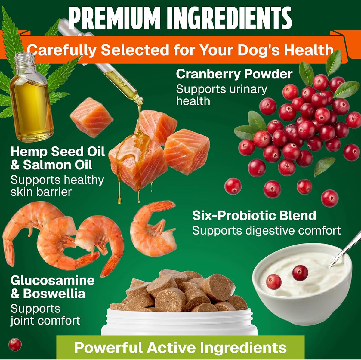 Premium USA imported dog multivitamin chews with glucosamine for hip health