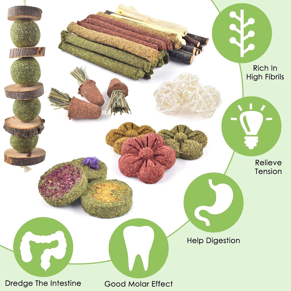 Small animal dental care treats displaying compressed timothy hay cakes and herb lollipops
