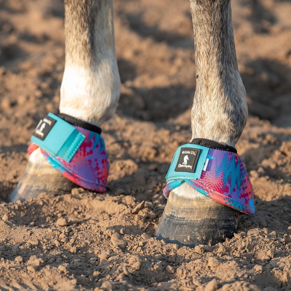 Classic Equine overreach horse boots displaying the secure double hook and loop closure system.