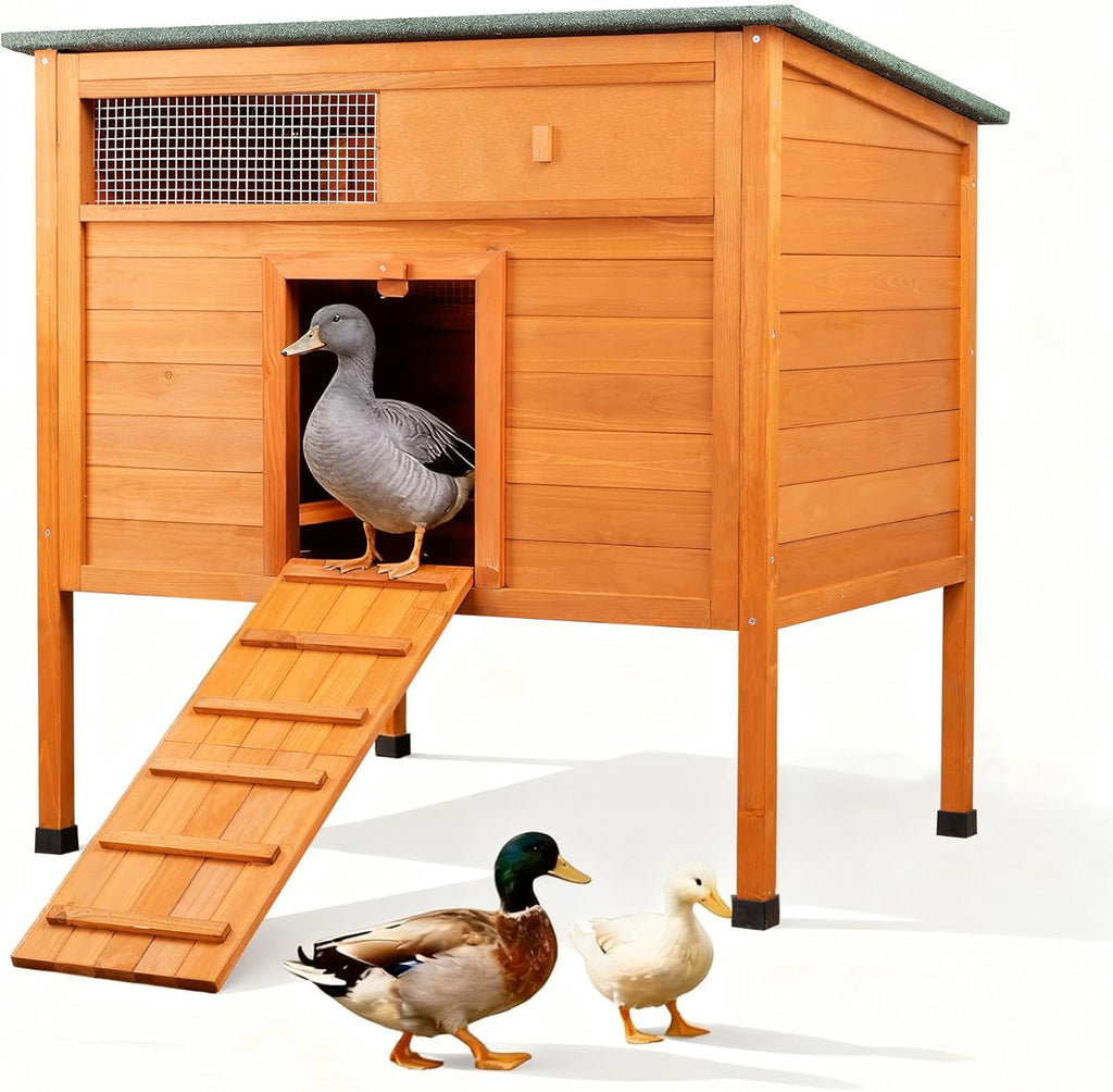 FunXplore Duck Coop Outdoor Weatherproof Wooden Duck House for Outside Small Animal Pet Hutch with Asphalt Roof Elevated Legs Pull-Out Tray Suitable for Other Poultry Chickens & Quails - Image 1