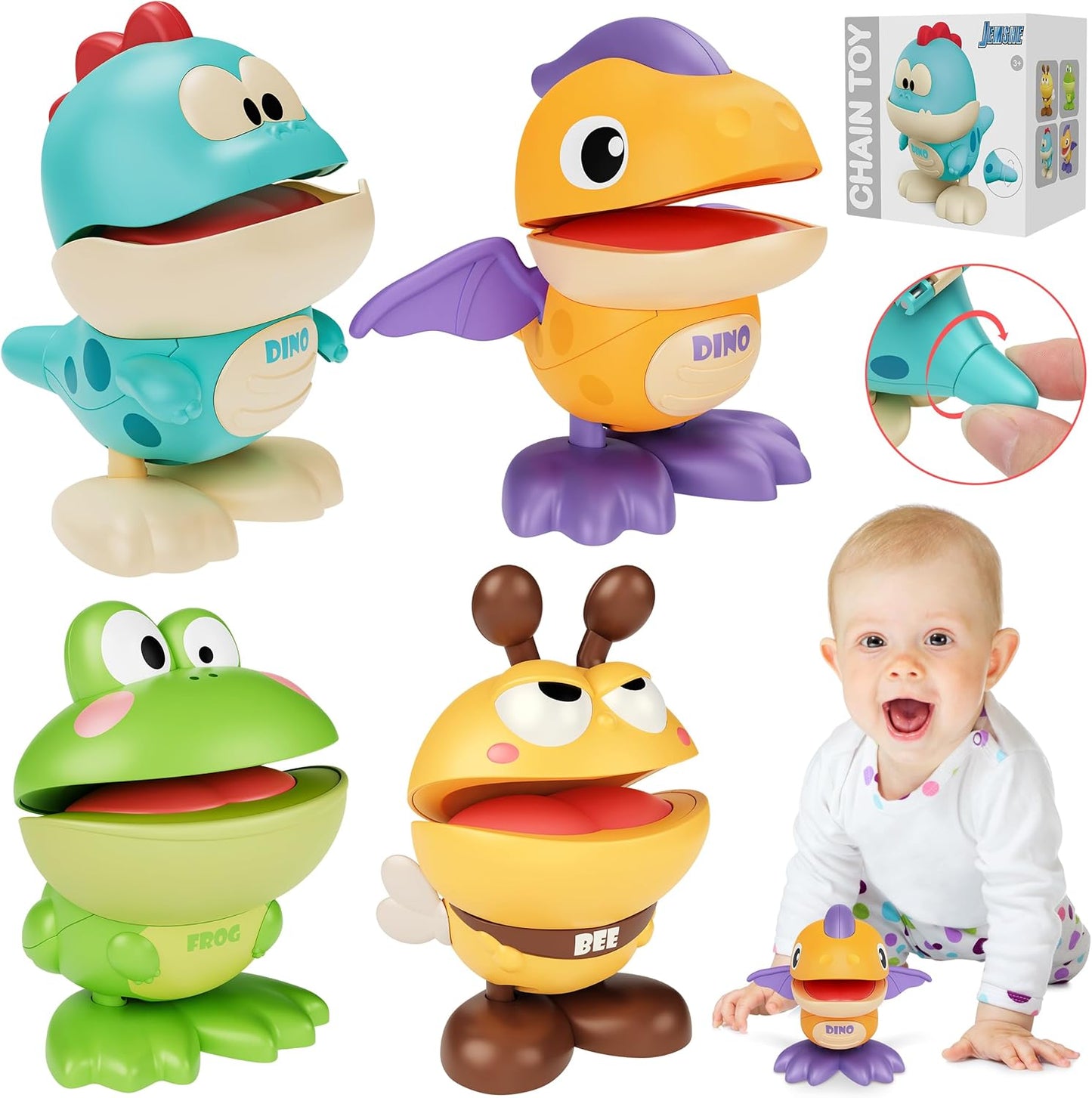 JEMSHE wind up toys for kids front view of colorful dinosaur and animal clockwork set