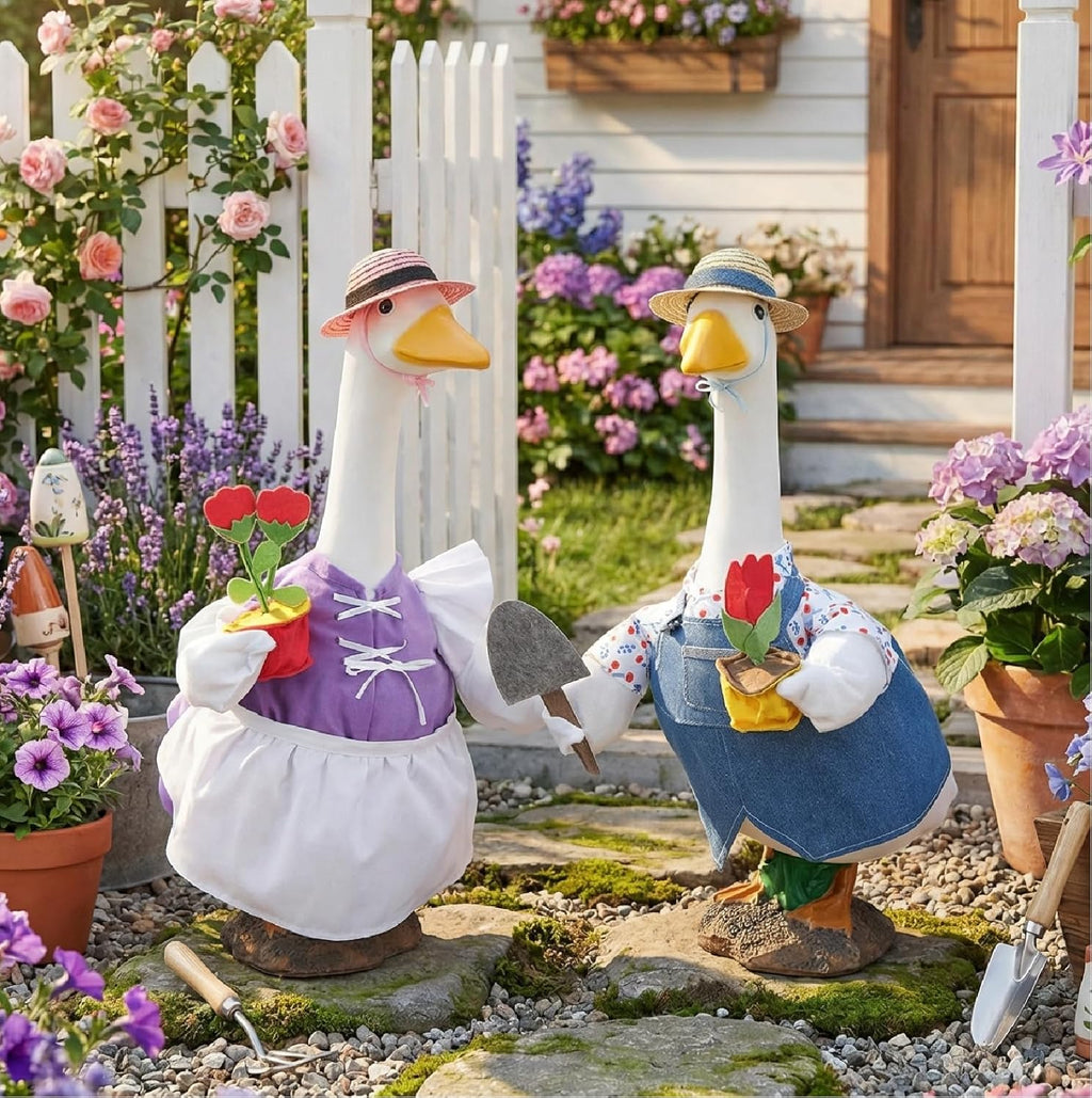 Arrowbash spring porch goose outfits front view of gardener couple costumes.