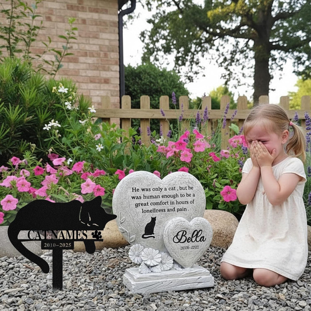 Qodwei personalized metal cat memorial grave stake placed in a green backyard garden lawn.