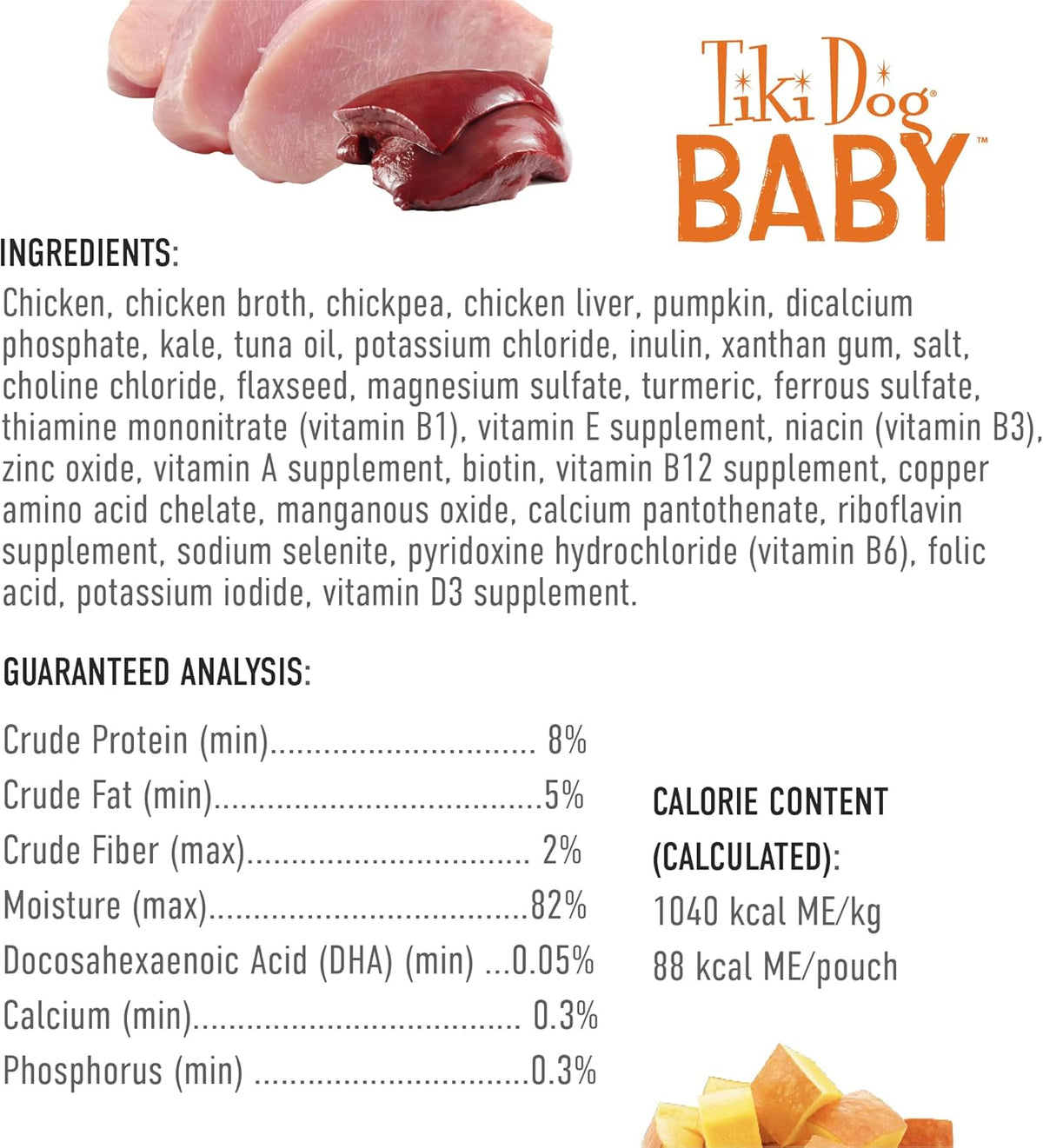 Back of Tiki Dog Baby Mousse pouch with ingredient list