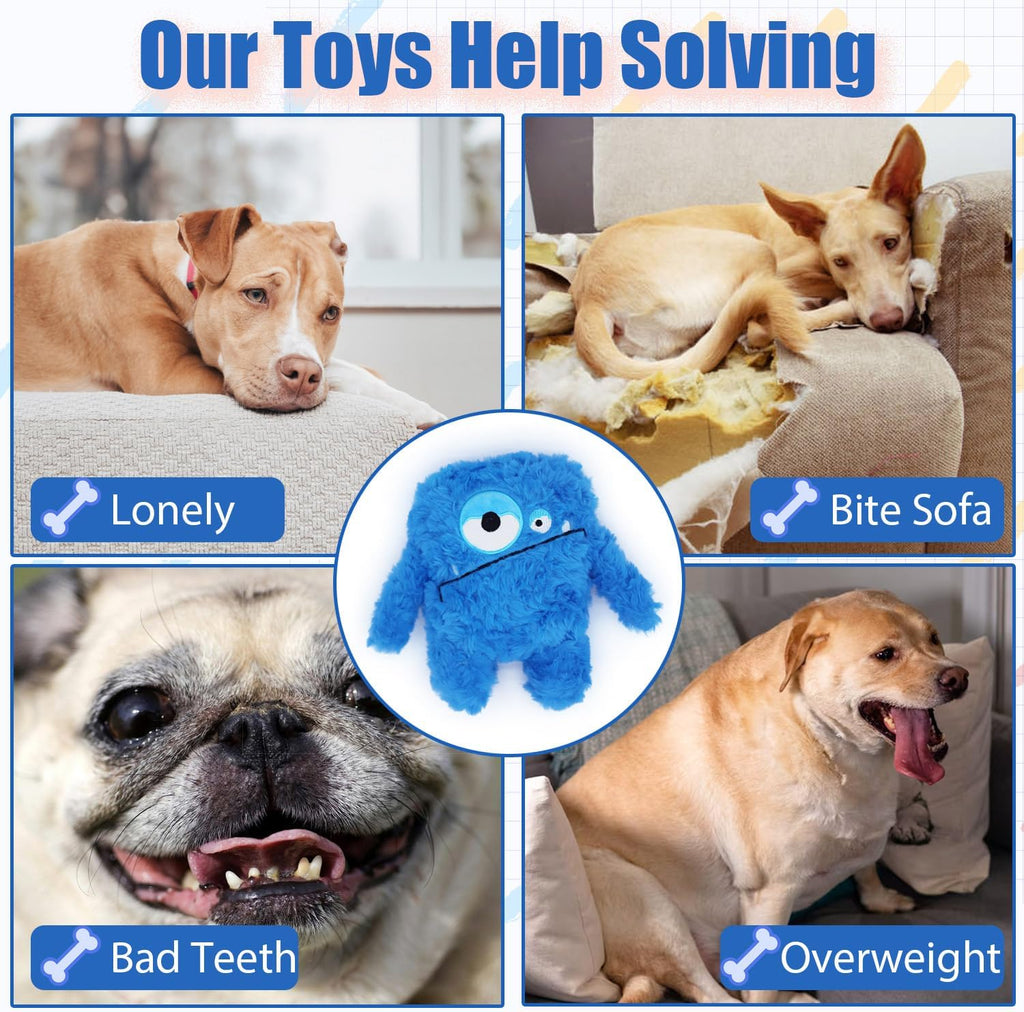 Machine washable blue plush monster chew toy designed to keep dogs busy and reduce boredom.