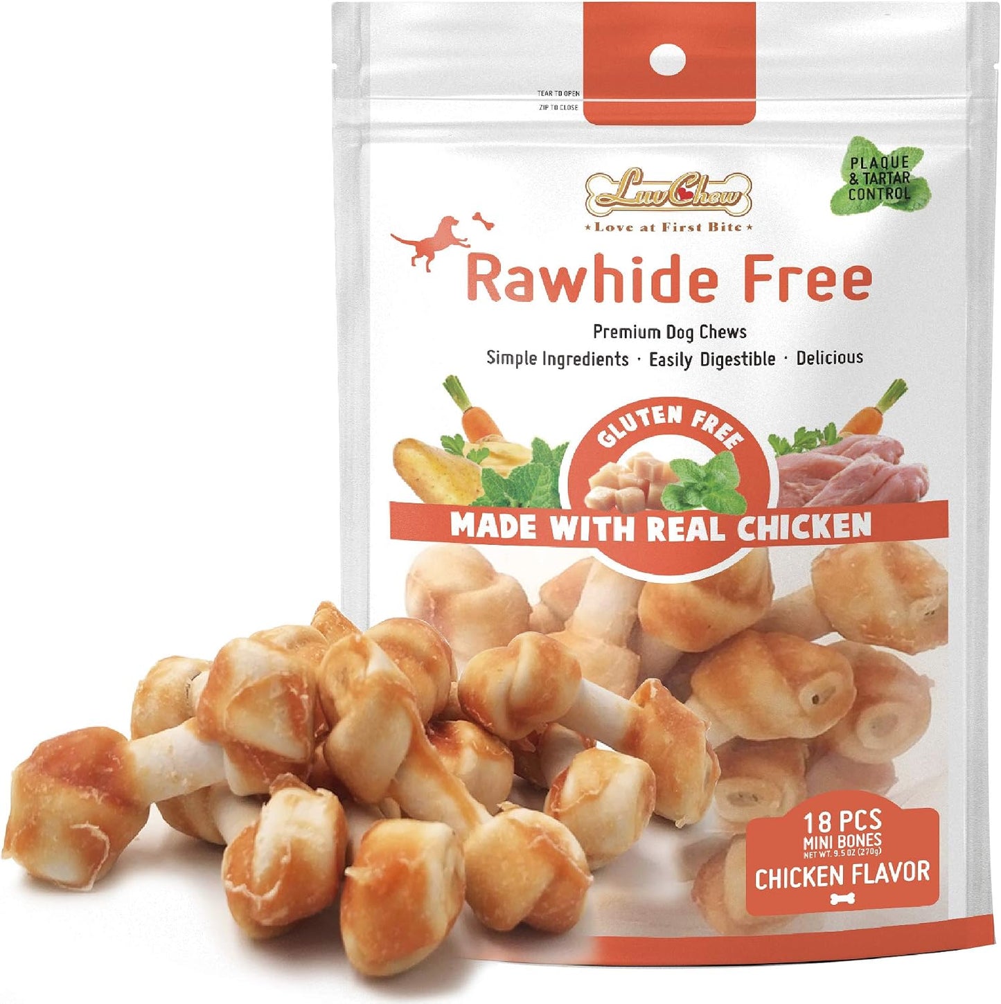 LuvChew Chicken Dog Chew Bones Medium, Rawhide Free, Grain Free, Made with Real Chicken & Wholesome Vegetables, Knotted Bones Medium 5pcs/Pack - Image 9