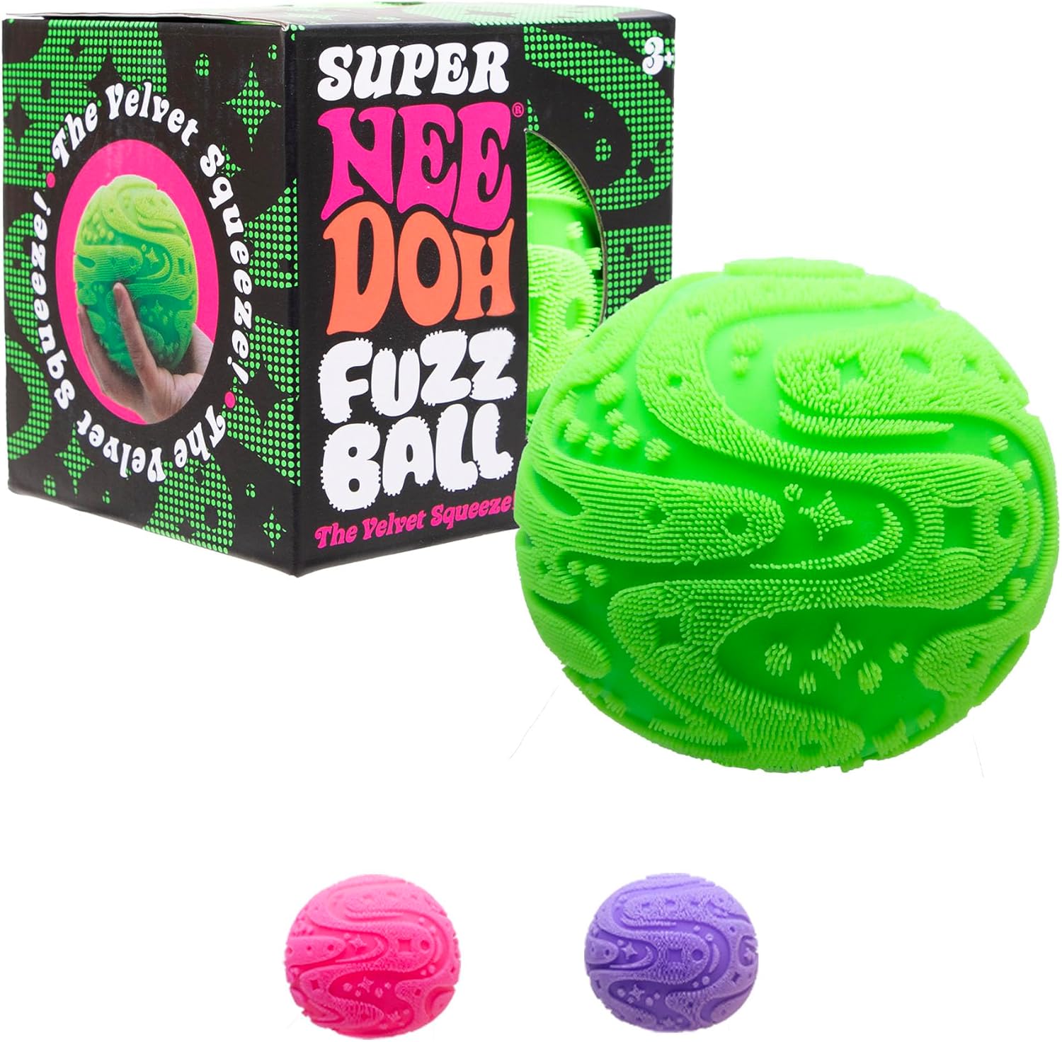 Schylling Super NeeDoh Fuzzball jumbo stress ball fidget toy front view showcasing bright velvety texture.
