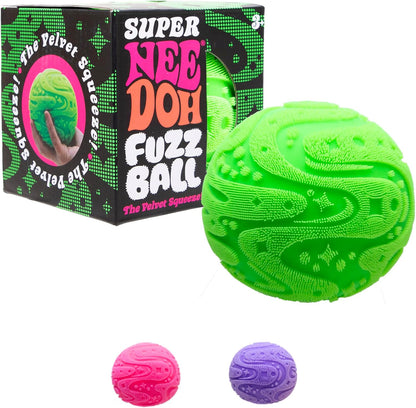Schylling Super NeeDoh Fuzzball jumbo stress ball fidget toy front view showcasing bright velvety texture.