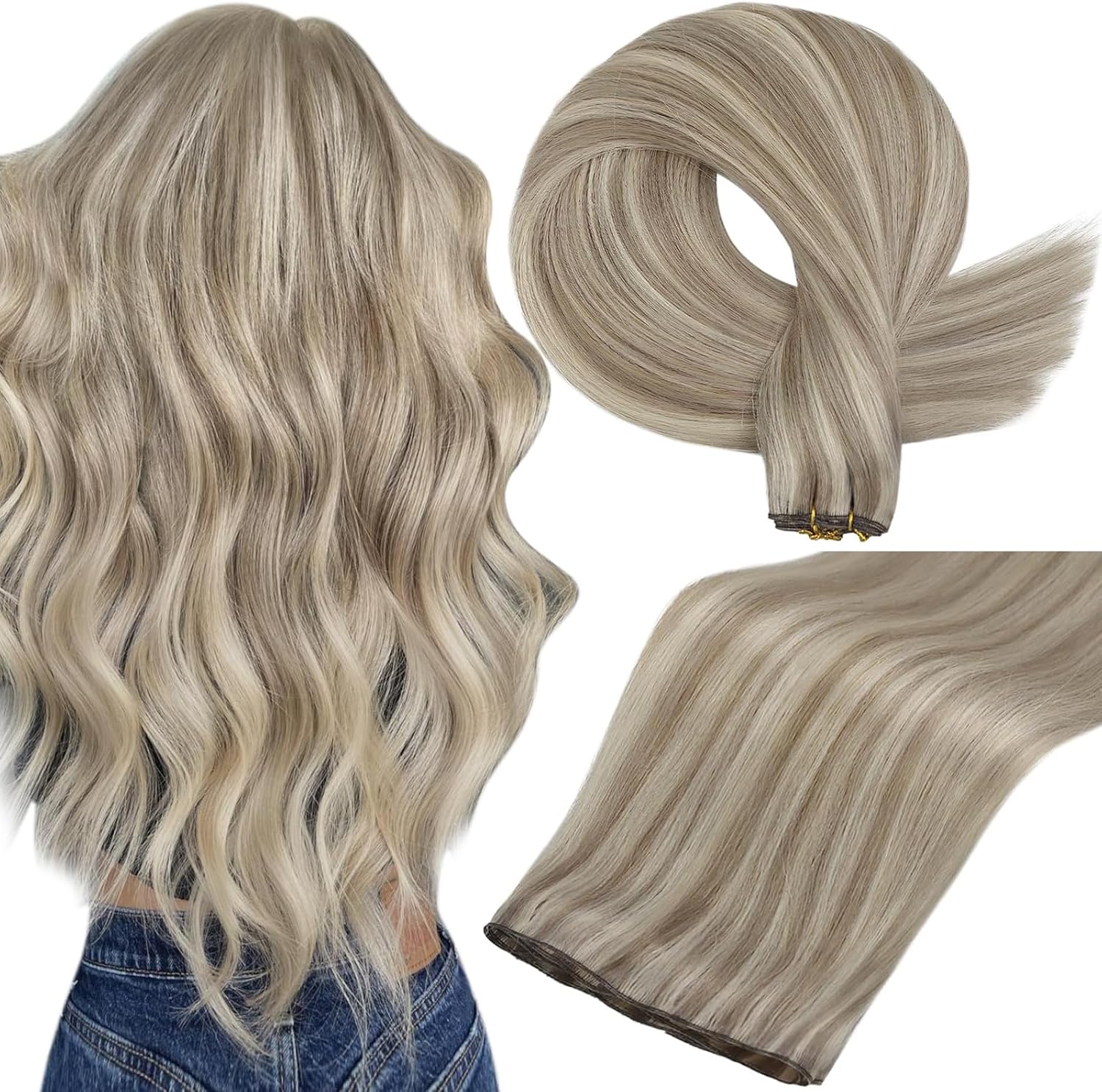 Full Shine human hair weft sew in extensions front view showcasing long straight ash blonde highlight bundles