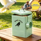 Candco metal bird feed storage bin with dual wooden handles.