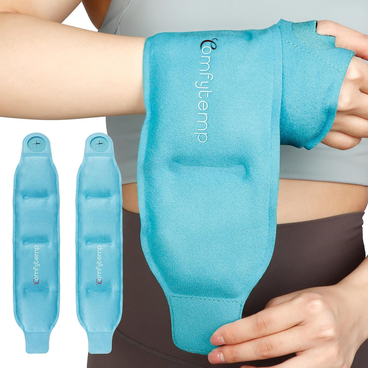 Comfytemp wrist ice pack wrap front view for hand pain