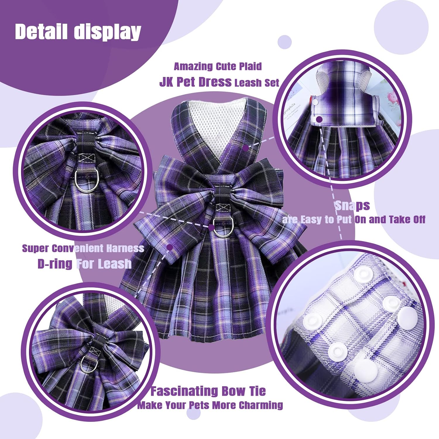 Cute Chihuahua modeling the purple plaid uniform style dog clothes.