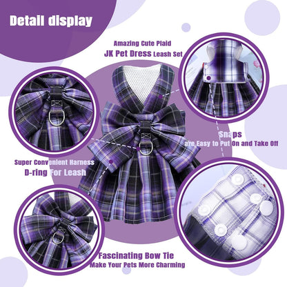 Cute Chihuahua modeling the purple plaid uniform style dog clothes.