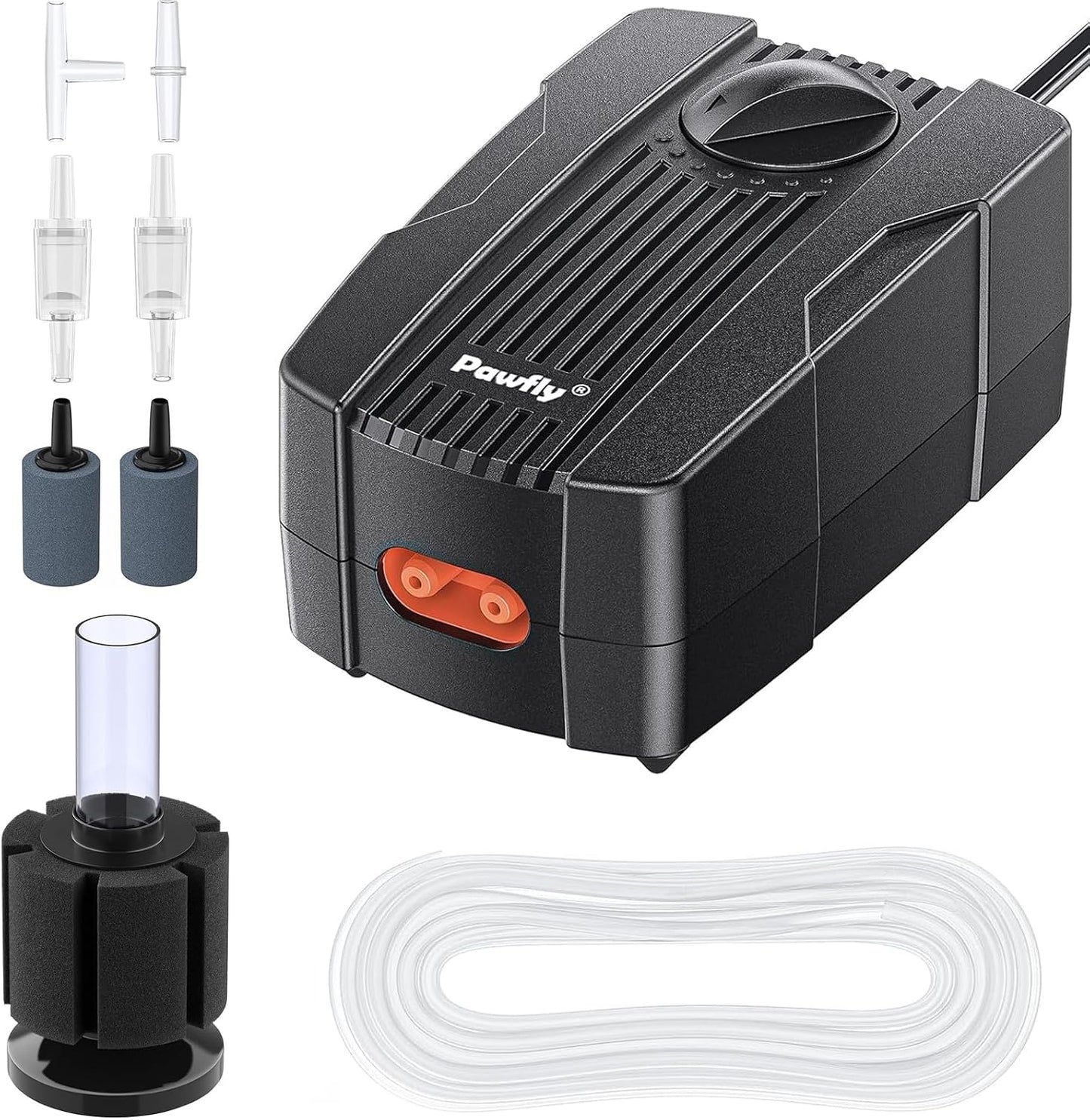 Pawfly 50 GPH Aquarium Air Pump front view showing black casing and adjustable control dial.
