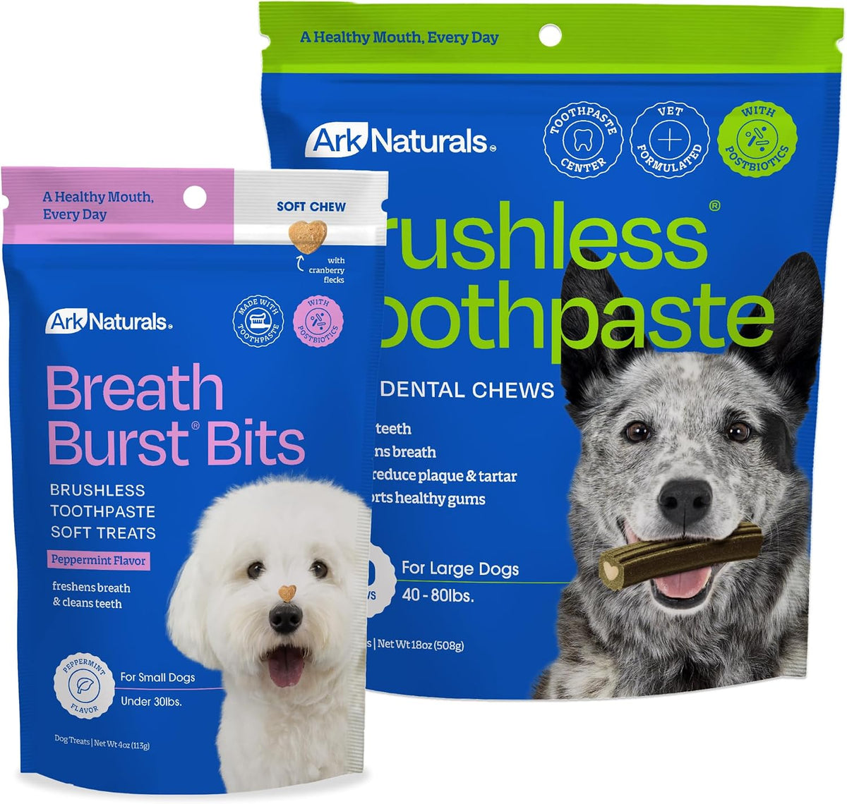 Ark Naturals Large Breed Brushless Toothpaste and Breath Bursts Bundle front view showcasing the packaging for dog dental chews.