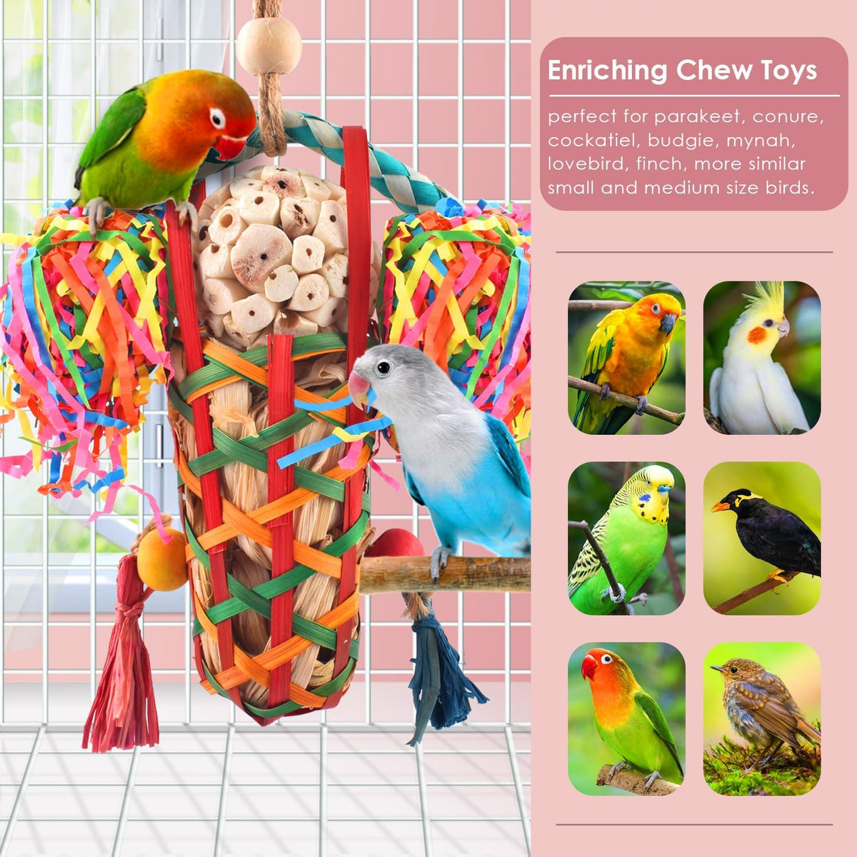 Bird interacting with KATUMO natural material shredding toy