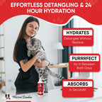 Lightweight non greasy cat butter formula applied to long haired cat coat to remove mats