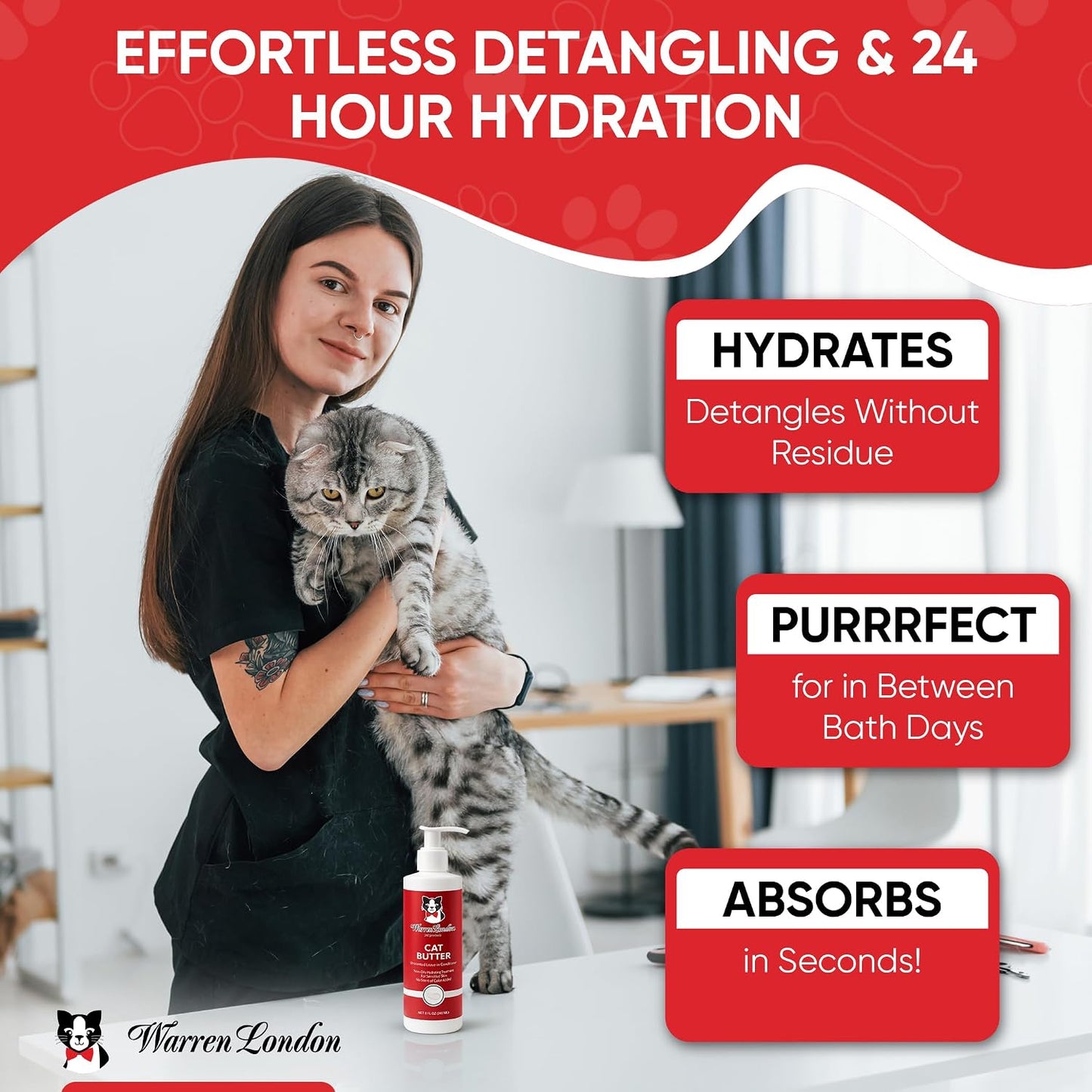Lightweight non greasy cat butter formula applied to long haired cat coat to remove mats