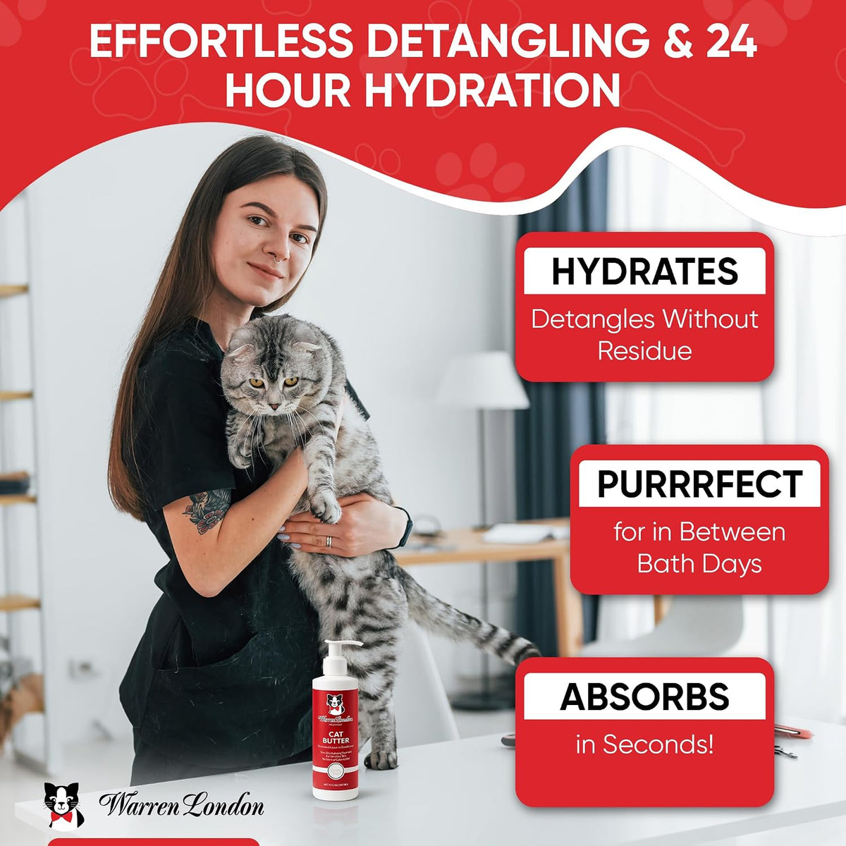 Lightweight non greasy cat butter formula applied to long haired cat coat to remove mats
