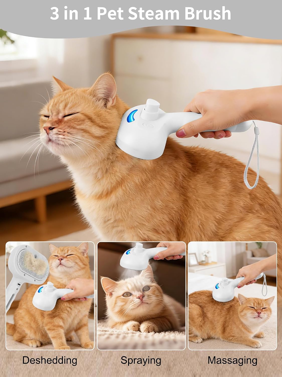 Side profile of the white pet grooming brush highlighting the integrated nylon storage rope.