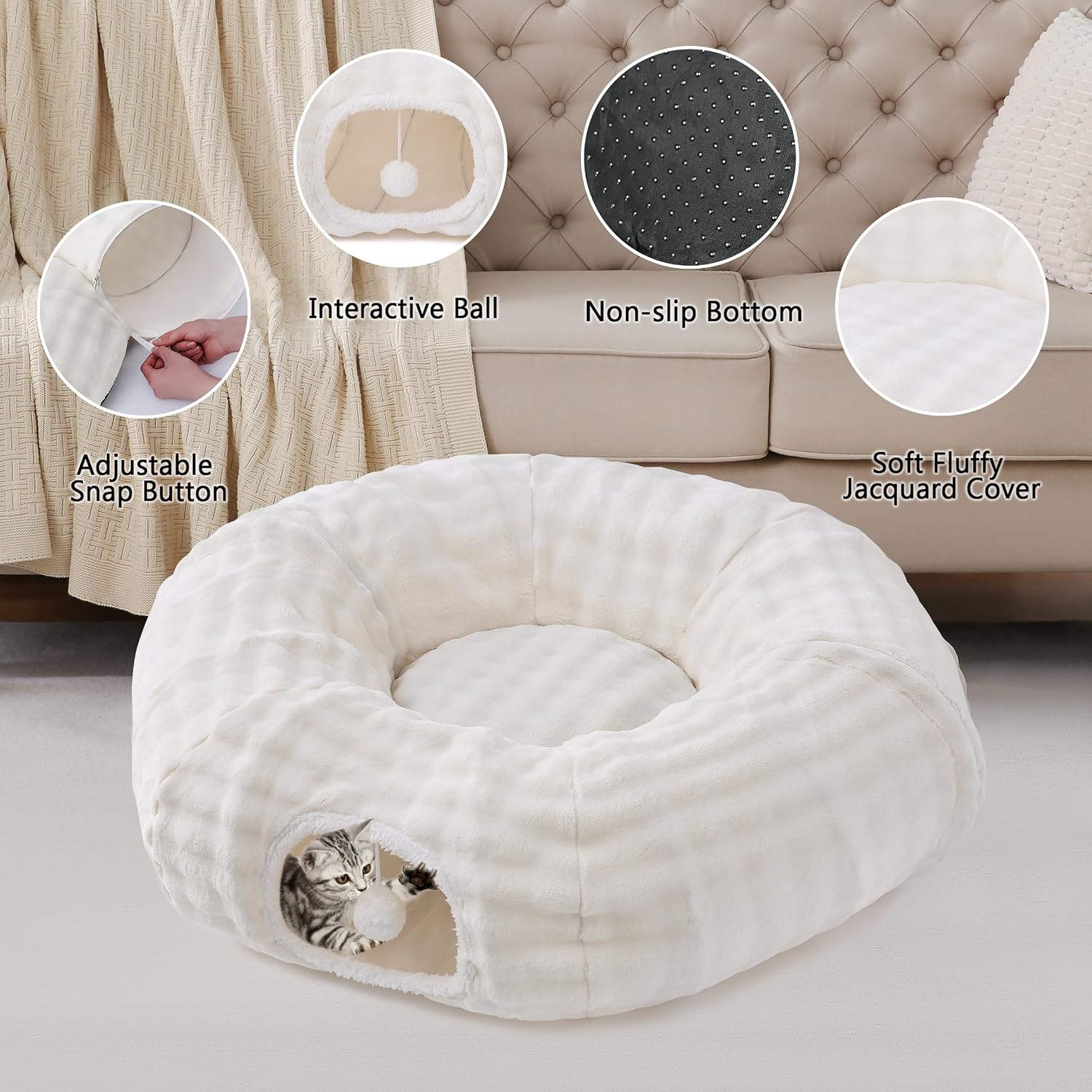 Cream white plush bubble cat tunnel bed with a kitten peeking through the integrated window