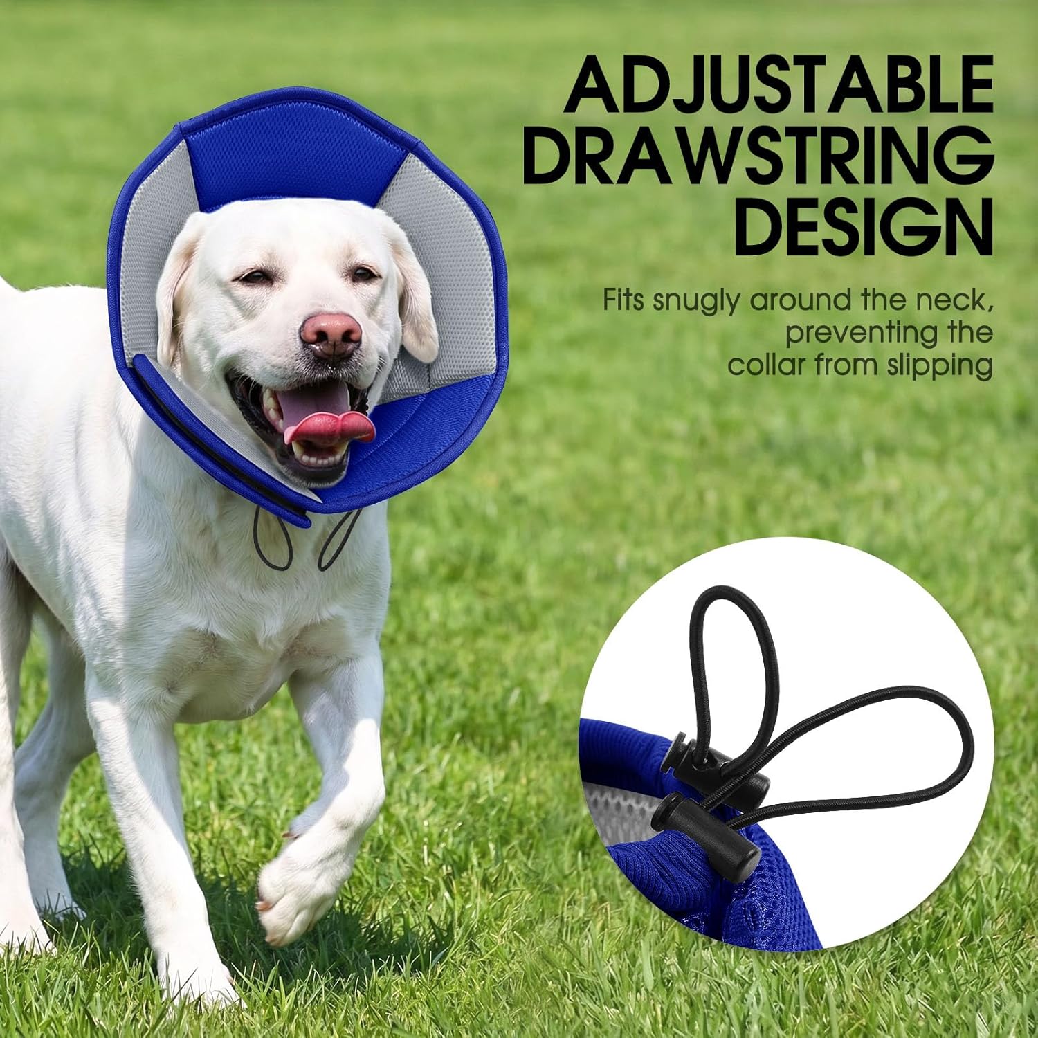 Comfortable protective pet recovery collar with drawstring adjustment