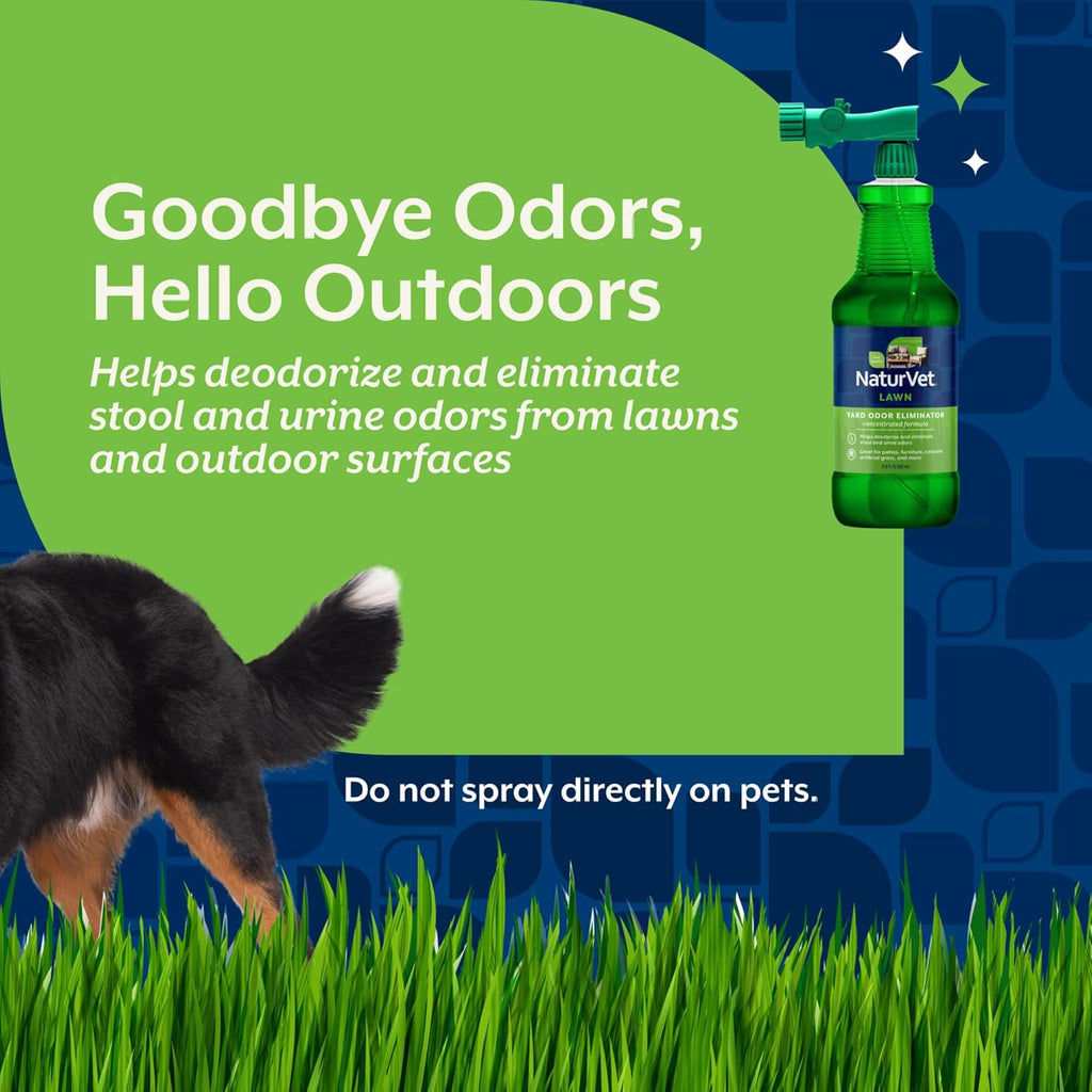 Back label of NaturVet lawn odor spray detailing usage instructions for dog urine smells.