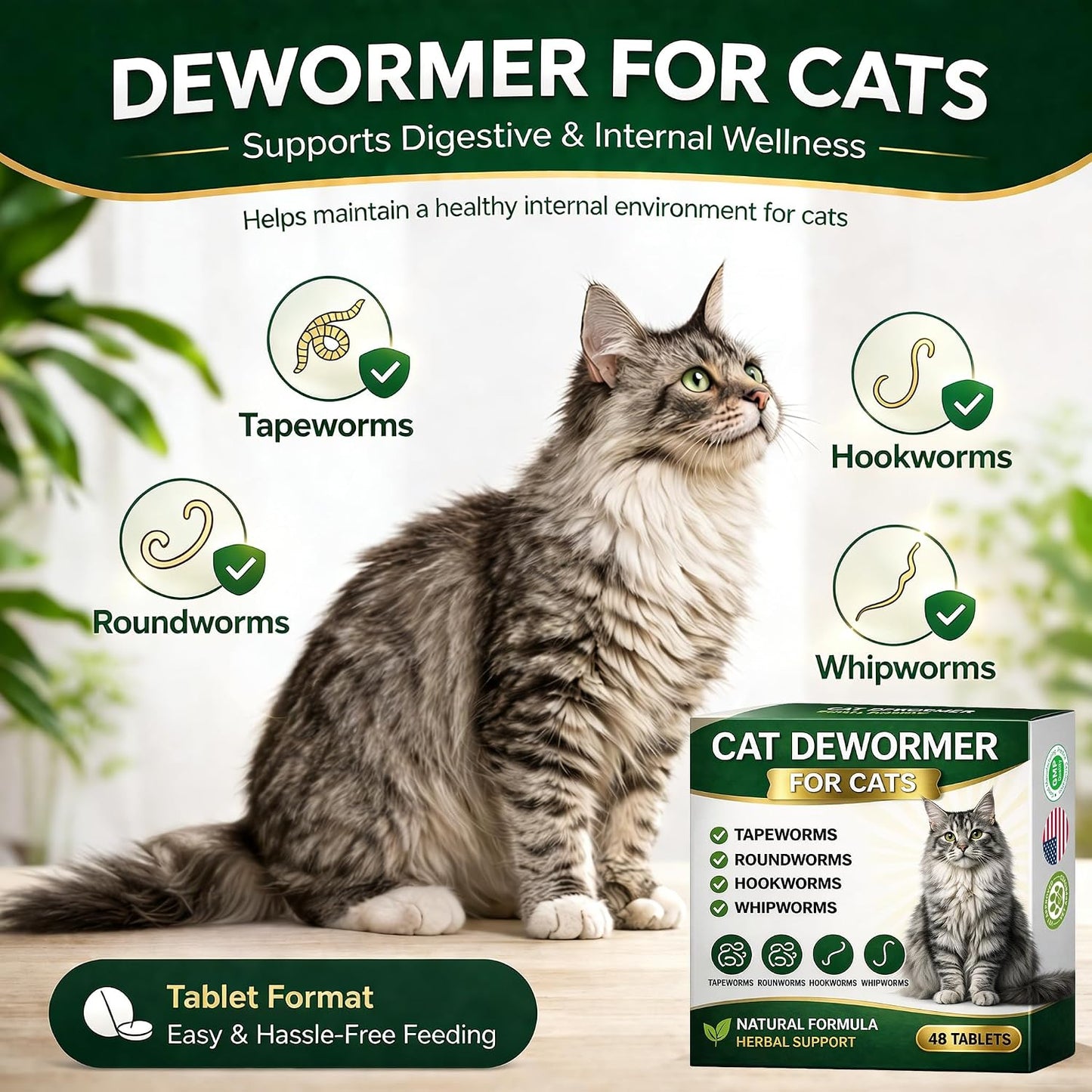 Ollistart cat and kitten deworming tablets bottle showing 48 tablets count