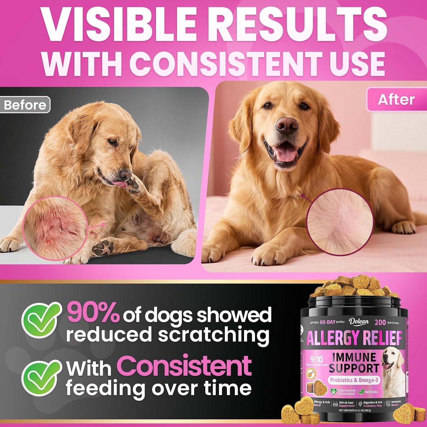 Dolean anti itch dog chews showing the recommended daily dosage chart by pet weight