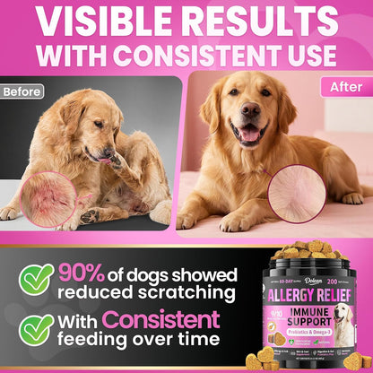 Dolean anti itch dog chews showing the recommended daily dosage chart by pet weight