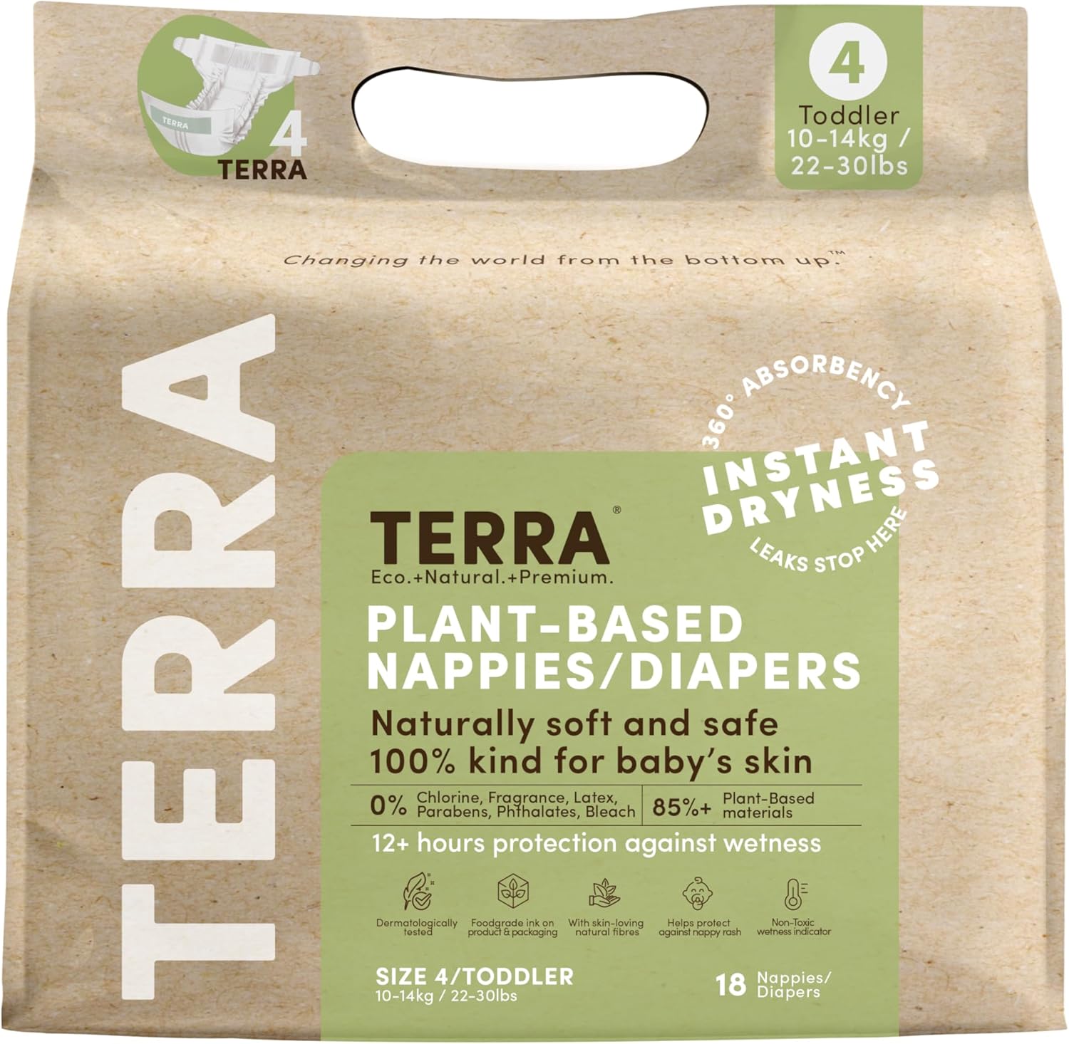 Terra Size 4 plant-based diapers front packaging view showing eco-friendly premium toddler nappies.