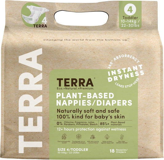 Terra Size 4 plant-based diapers front packaging view showing eco-friendly premium toddler nappies.