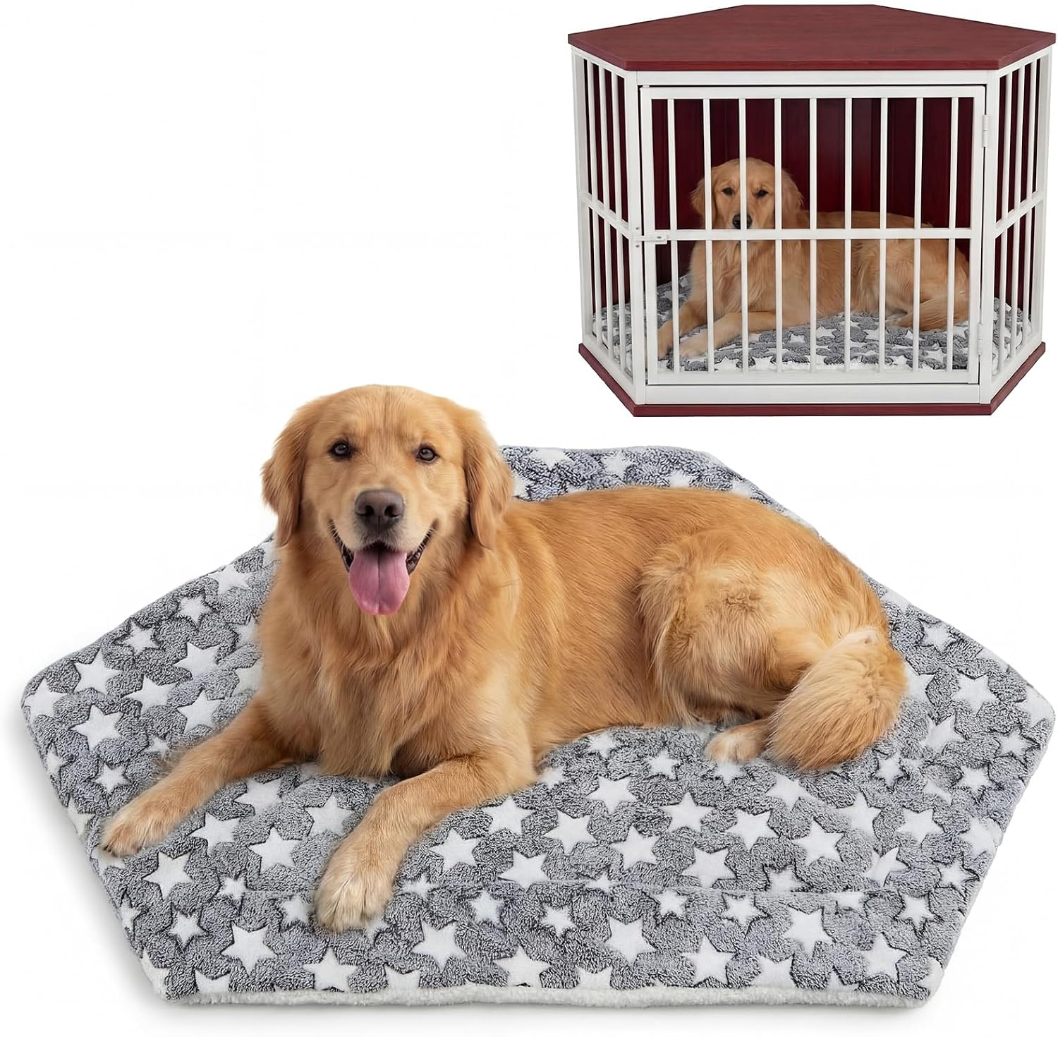 Fanfanwin corner crate dog mat front view with star pattern