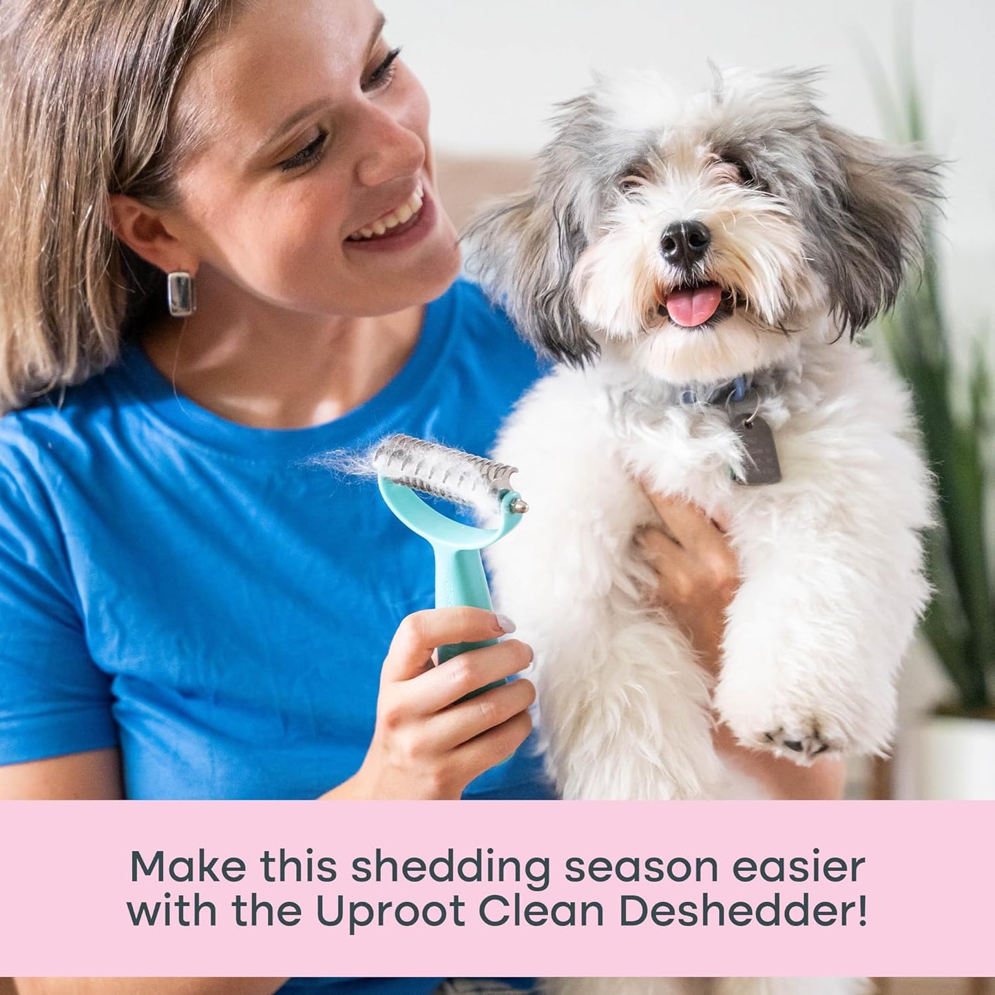 Uproot Clean pet deshedding brush showing the seventeen blade side for thinning thick undercoats