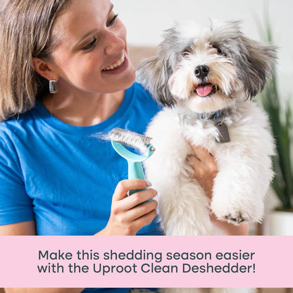Uproot Clean pet deshedding brush showing the seventeen blade side for thinning thick undercoats