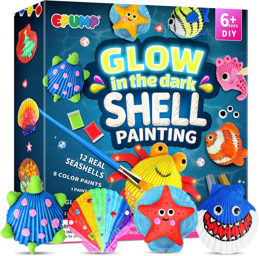 EPUMP Kids Sea Shell Painting Kit front view showcasing the packaging box and glow in the dark craft set.