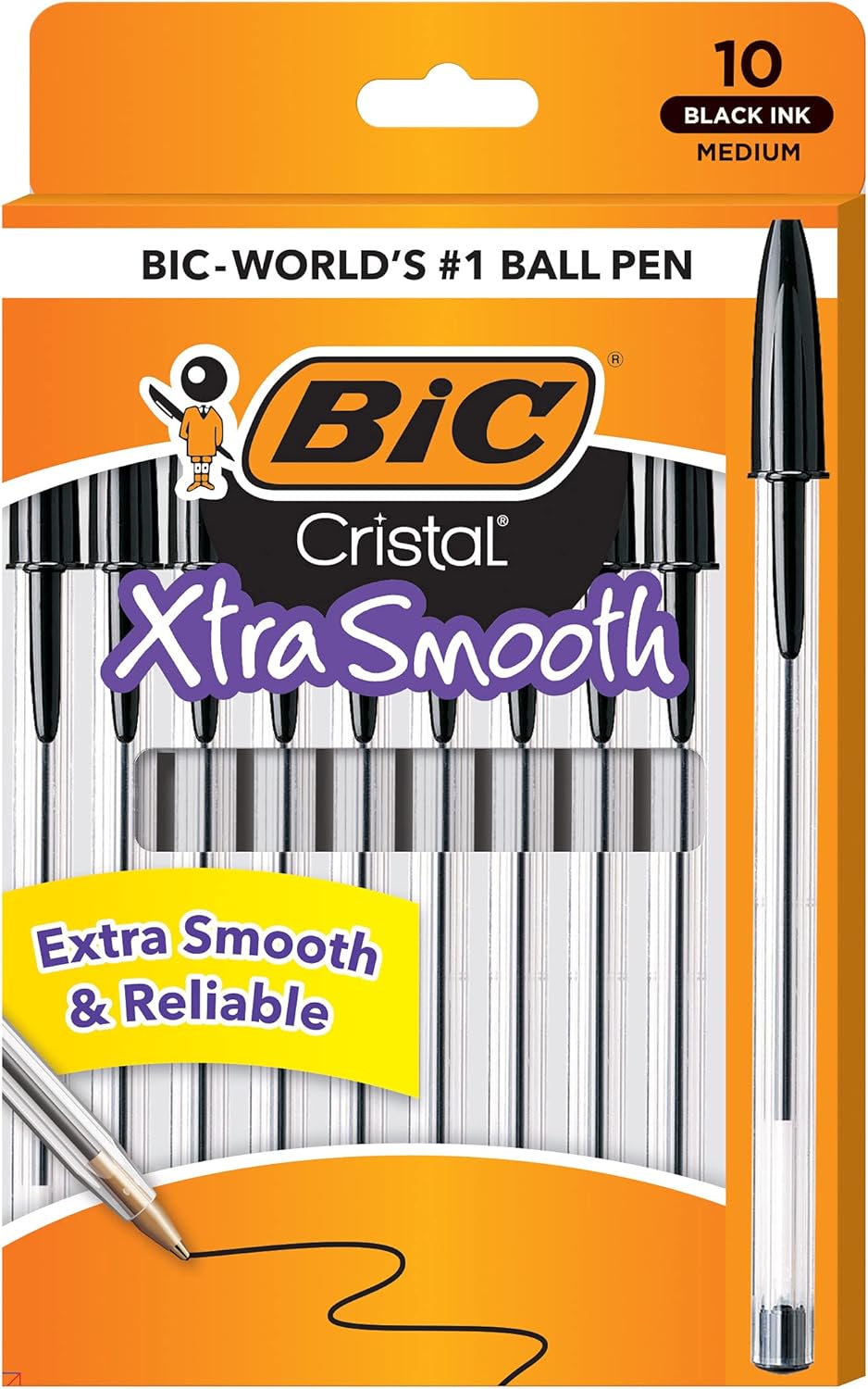 BIC Cristal medium point ballpoint pen pack showing the clear hexagonal barrel and black cap design