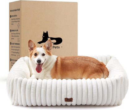 Washable Dog Bed for Small Medium Dogs - Rectangle Orthopedic Corduroy Fleece Pet Bed with Removable Cover and Nonskid Bottom, Calming Puppy Bed Soft Pet Sofa, Cream(25x21x7inchs) - Image 10