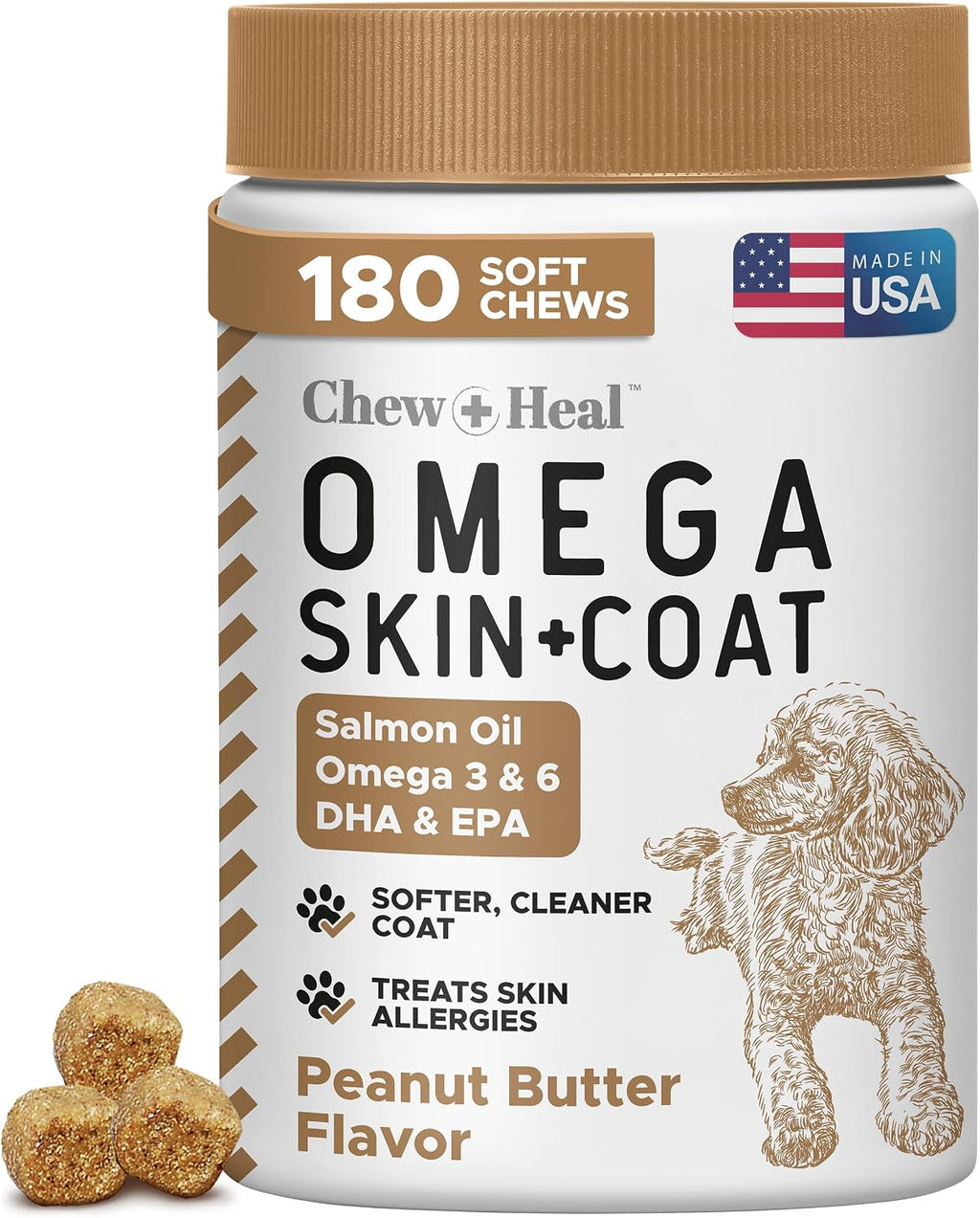 Chew + Heal chicken flavored salmon oil chews for canine hot spot relief