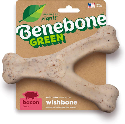 Dog Bones for Modest Chewers: Benebone Green Plant-Based Real Bacon Wishbone Dog Chew Toy for Medium Dogs, Made in USA - Image 1
