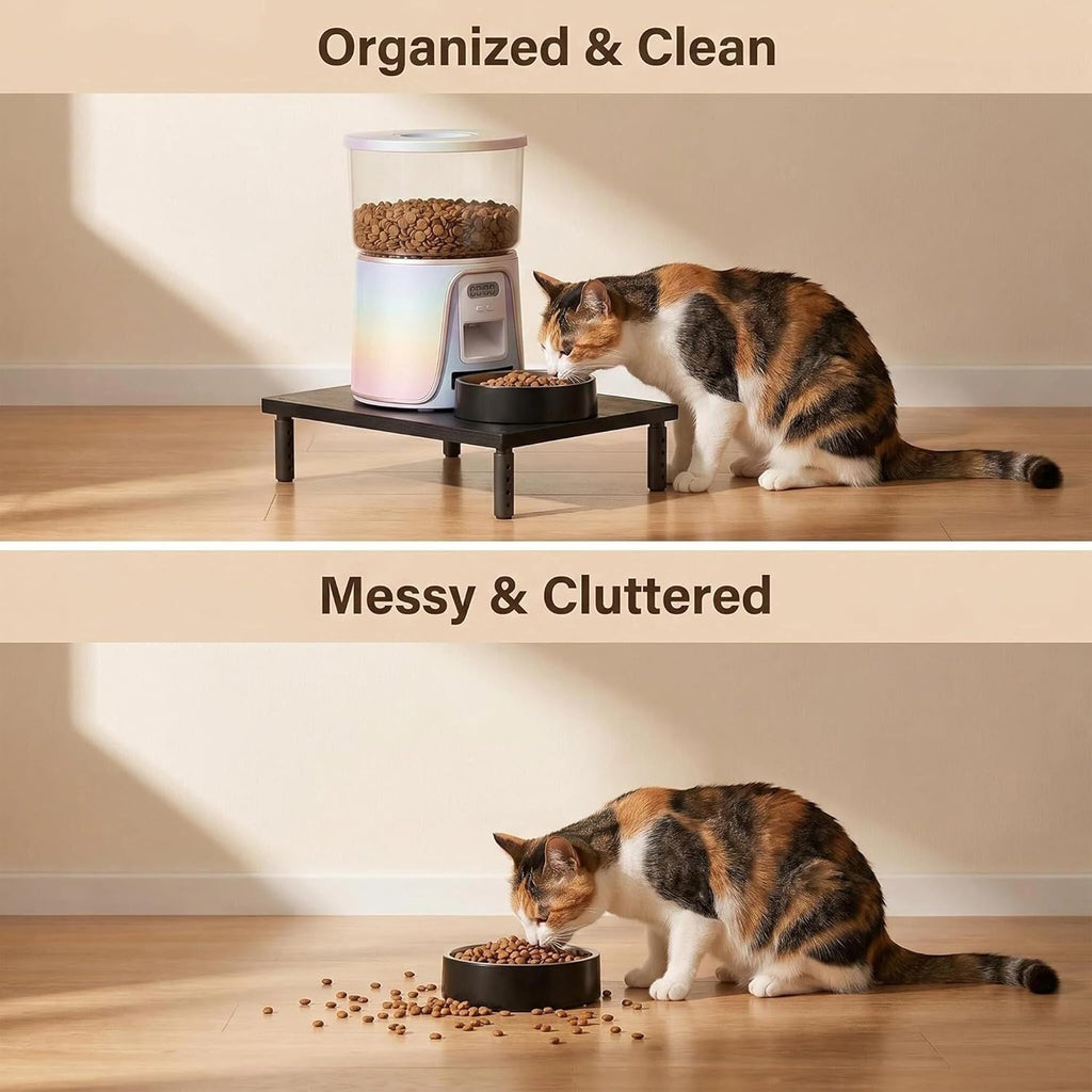 Close up of OPNICE cat food stand showing automatic feeder compatibility