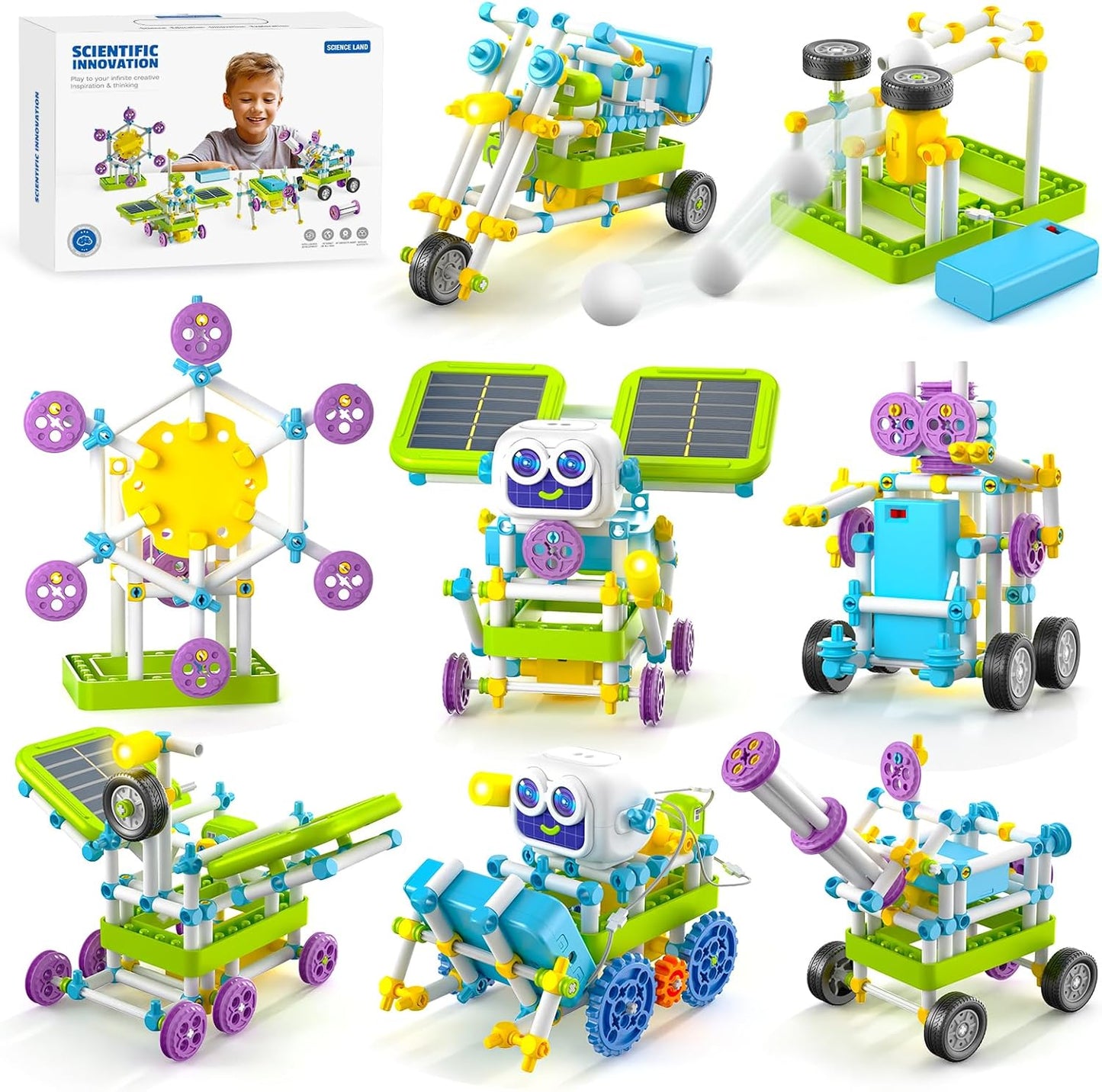 Risuntoy STEM solar power robot building kit front view showing the product packaging and various assembled engineering models.