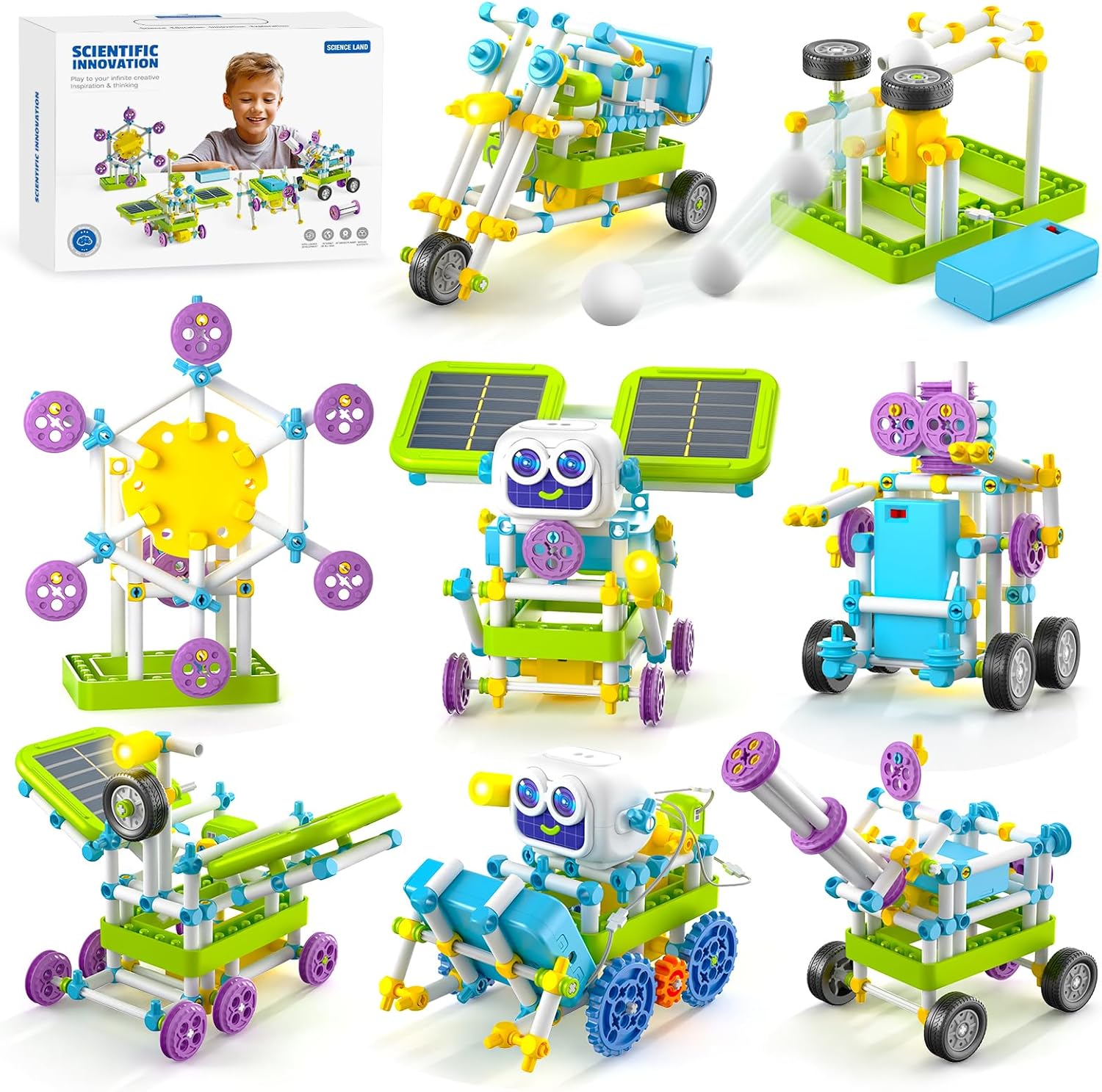 Risuntoy STEM solar power robot building kit front view showing the product packaging and various assembled engineering models.