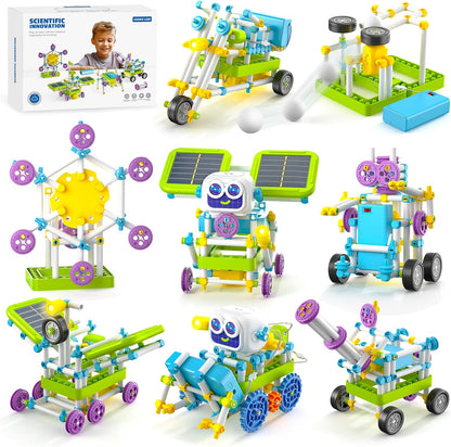 Risuntoy STEM solar power robot building kit front view showing the product packaging and various assembled engineering models.