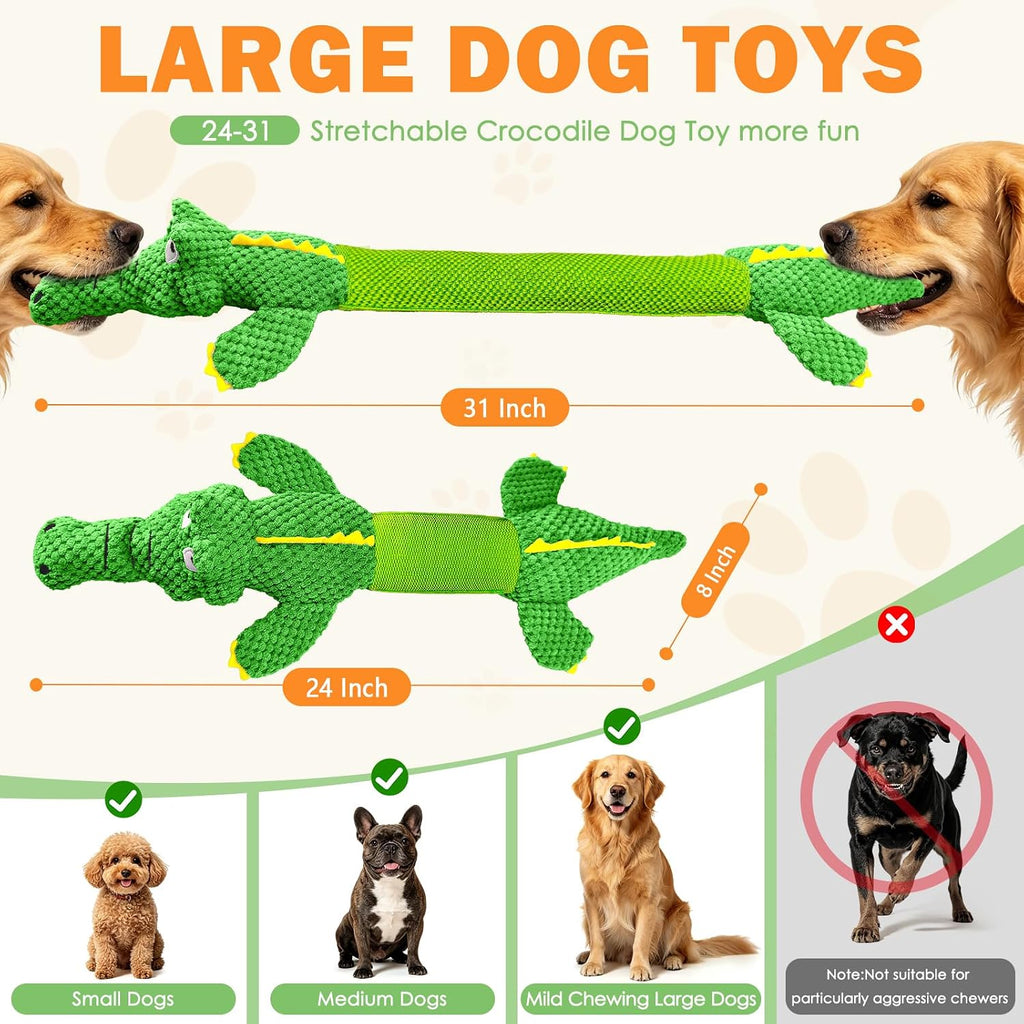 WOWBALA crocodile plush dog chew toy extended to its full length for interactive puppy play.