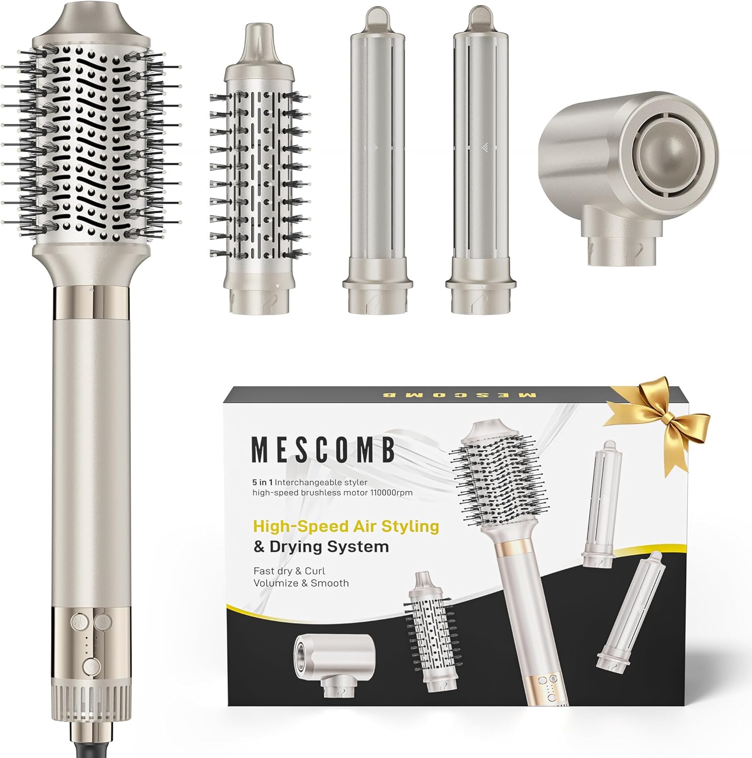 MESCOMB Upgraded 5 in 1 Hot Air Styler front view of the champagne white main device showcasing its sleek handle and digital interface